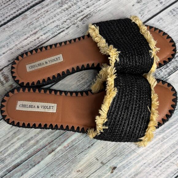 Chelsea & Violet Black Raffia Fringe Slide Sandals Boho 8.5 - Picture 1 of 3